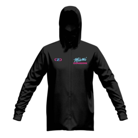 A black tech zip hoodie with the text 'Miami' and a logo of c2c on the front side, with the hood on.